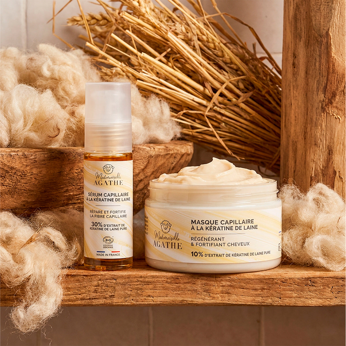 Intense keratin hair repair duo with certified organic sheep's wool - repairs & protects